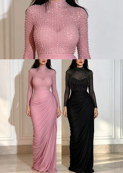 Pink Patchwork Mesh Dress Hign Neck Rhinestone Ruched Long sleeve