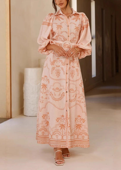 Pink Peter Pan Collar Button Long Dresses Fall