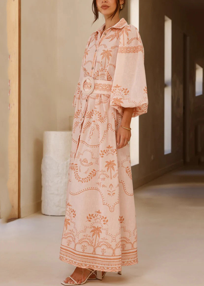 Pink Peter Pan Collar Button Long Dresses Fall