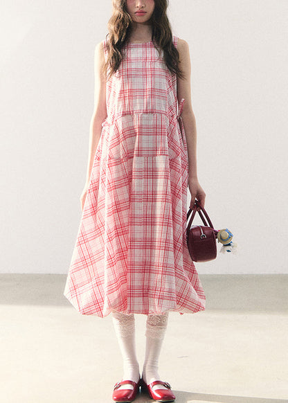 Pink Plaid Lace Up Cotton Long Dress Zippered Summer