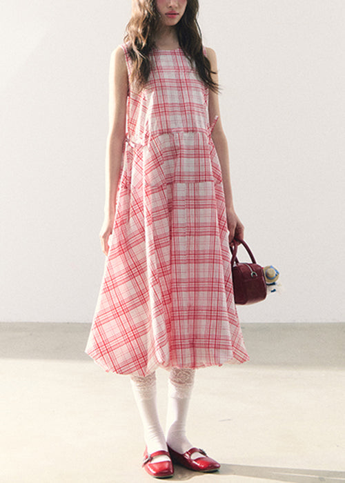 Pink Plaid Lace Up Cotton Long Dress Zippered Summer