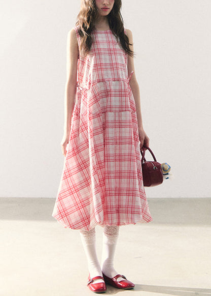 Pink Plaid Lace Up Cotton Long Dress Zippered Summer