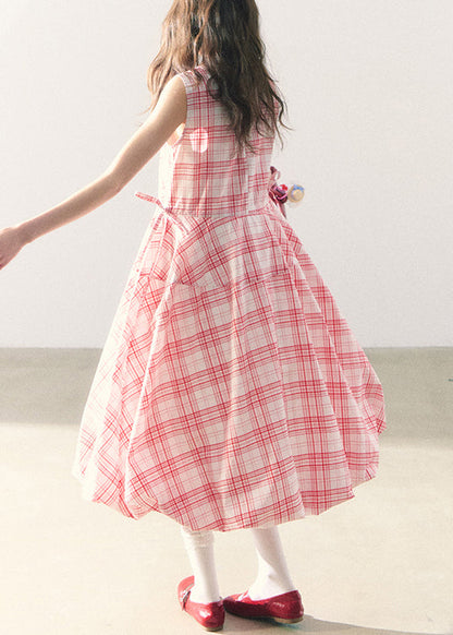 Pink Plaid Lace Up Cotton Long Dress Zippered Summer