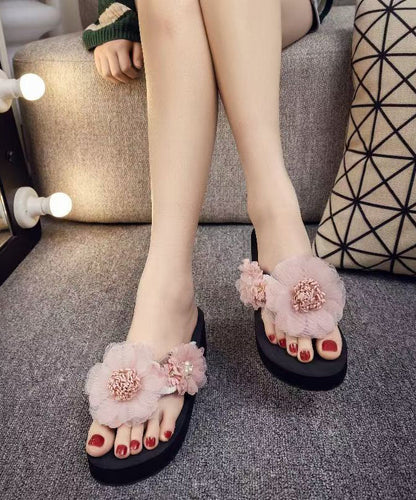 Pink Platform Faux Leather Unique Flower Thong Sandals