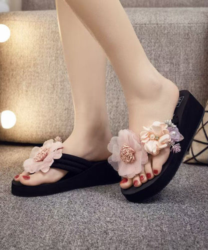 Pink Platform Faux Leather Unique Flower Thong Sandals