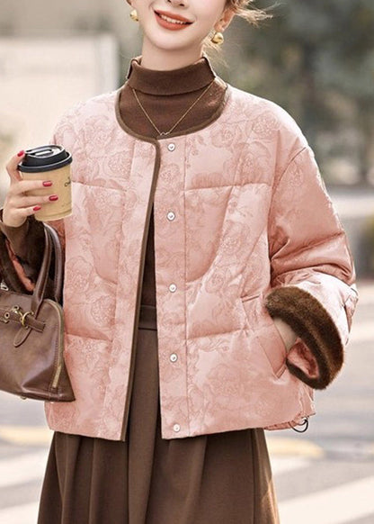 Pink Pockets Drawstring Patchwork Down Coats O Neck