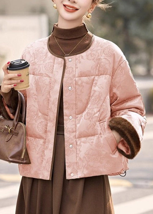 Pink Pockets Drawstring Patchwork Down Coats O Neck