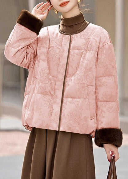 Pink Pockets Drawstring Patchwork Down Coats O Neck
