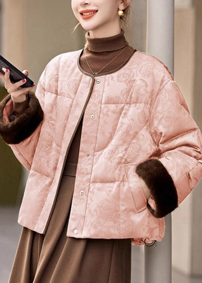 Pink Pockets Drawstring Patchwork Down Coats O Neck