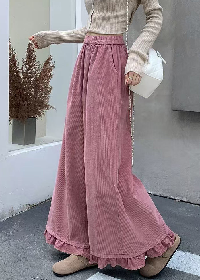 Pink Pockets Elastic Waist Corduroy Fall Pants Ruffled