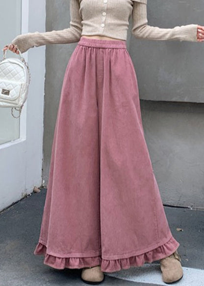 Pink Pockets Elastic Waist Corduroy Fall Pants Ruffled