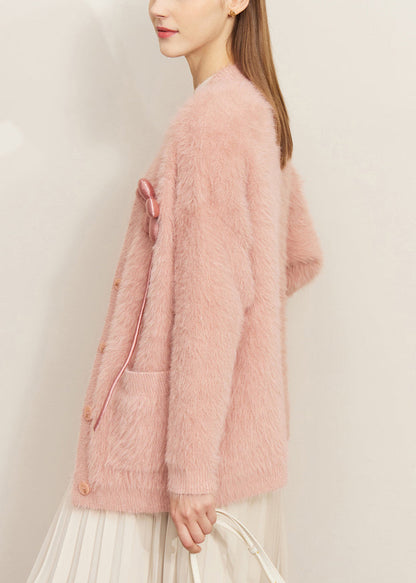 Pink Pockets Solid Mink Velvet Cardigan V Neck Spring