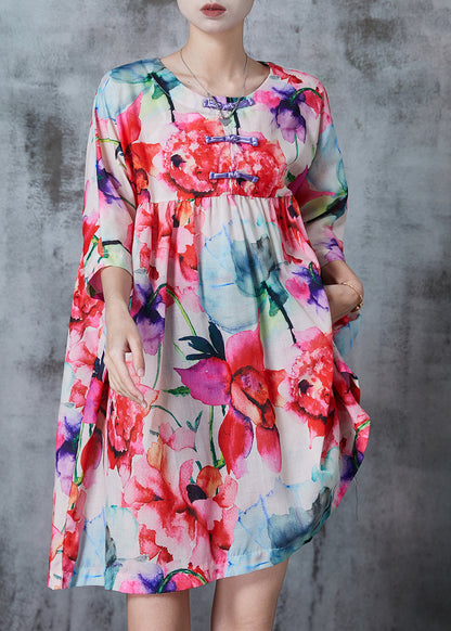 Pink Print Cotton Work Dress Chinese Button Summer