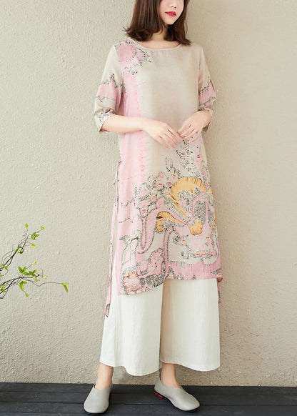 Pink Print Linen Long Dress Side Open Summer