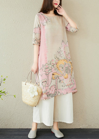 Pink Print Linen Long Dress Side Open Summer