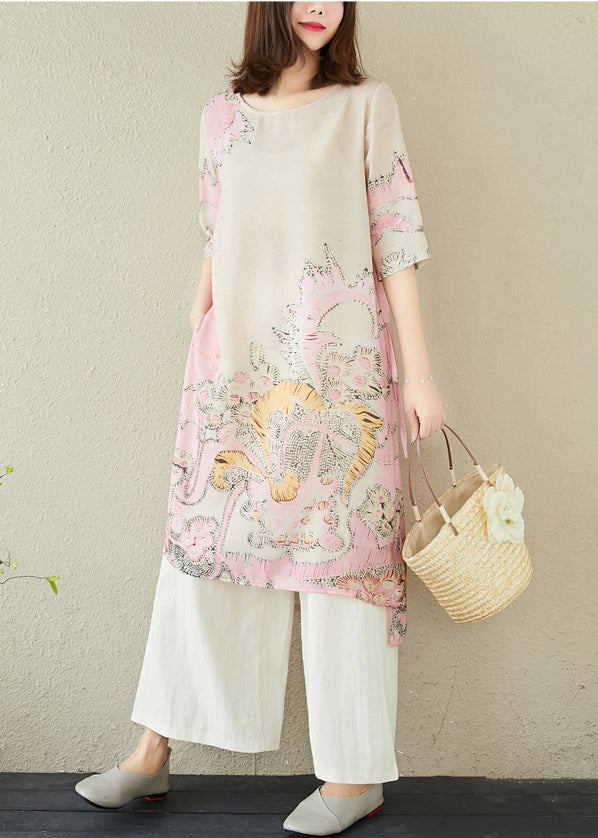 Pink Print Linen Long Dress Side Open Summer