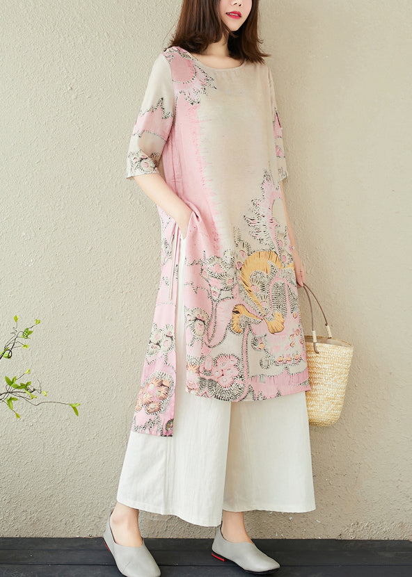 Pink Print Linen Long Dress Side Open Summer