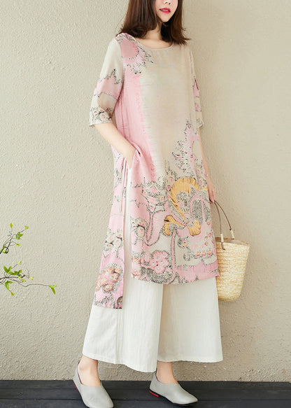 Pink Print Linen Long Dress Side Open Summer