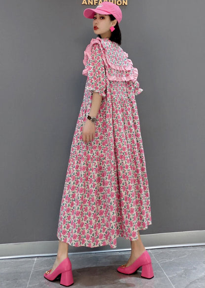Pink Print Patchwork Cotton Maxi Dresses Half Sleeve