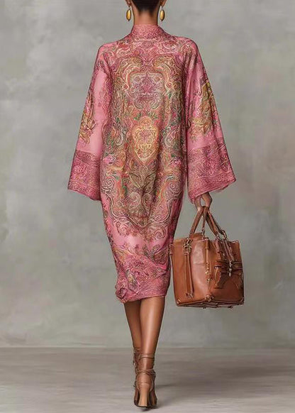 Pink Print Silk Dress Stand Collar Flare Sleeve