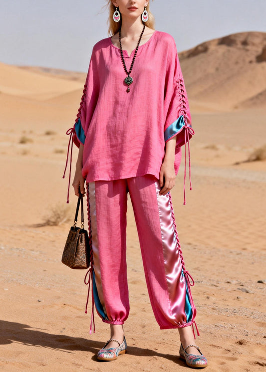 Pink Shirts And Crop Pants Silk Patchwork Two Piece Set Cinched Summer