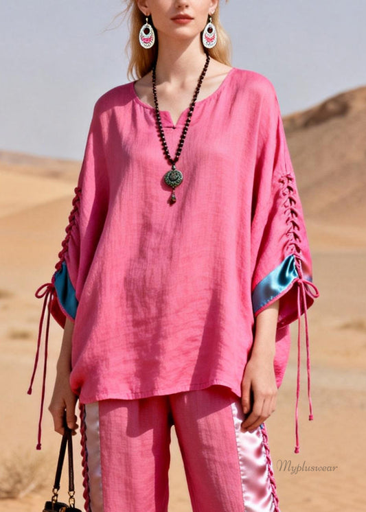 Pink Shirts And Crop Pants Silk Patchwork Two Piece Set Cinched Summer