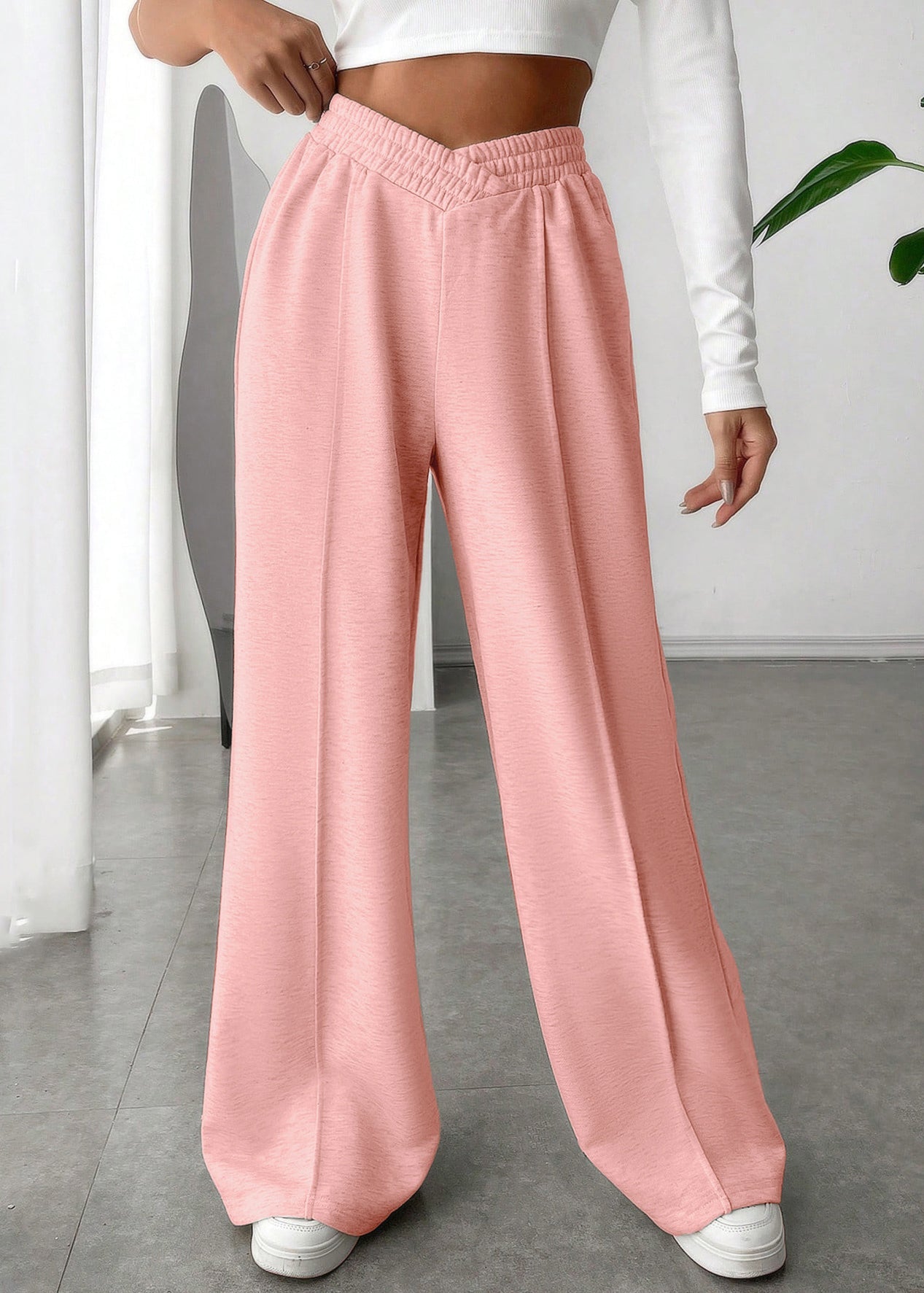 Pink Solid Oversized Casual Cotton Wide Leg Pants Elastic Waist