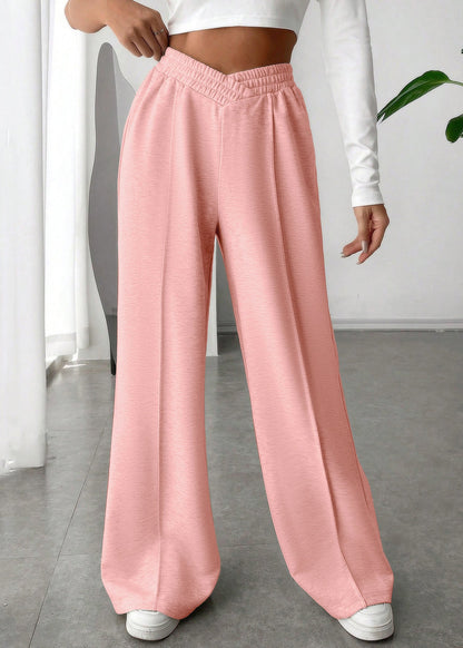 Pink Solid Oversized Casual Cotton Wide Leg Pants Elastic Waist