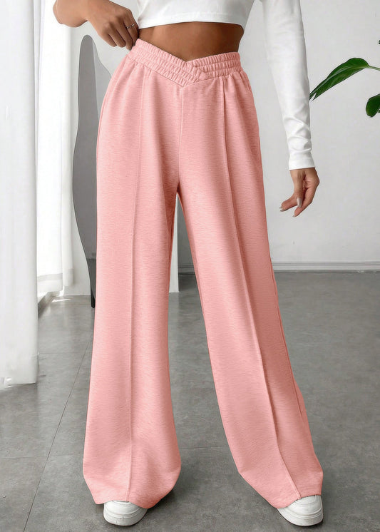 Pink Solid Oversized Casual Cotton Wide Leg Pants Elastic Waist