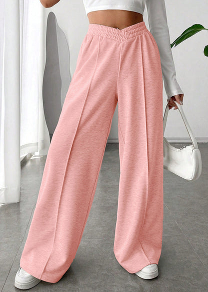 Pink Solid Oversized Casual Cotton Wide Leg Pants Elastic Waist