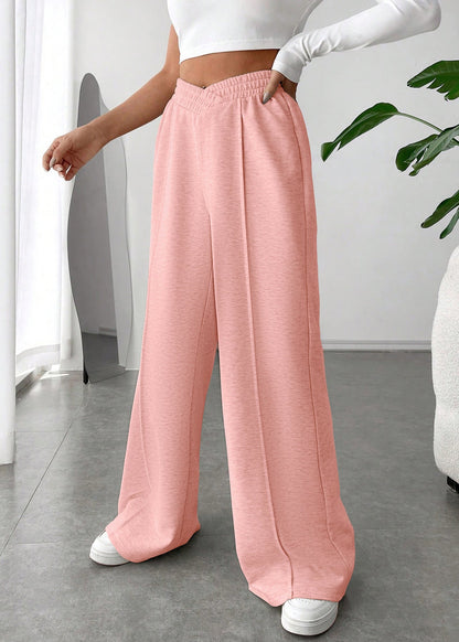 Pink Solid Oversized Casual Cotton Wide Leg Pants Elastic Waist