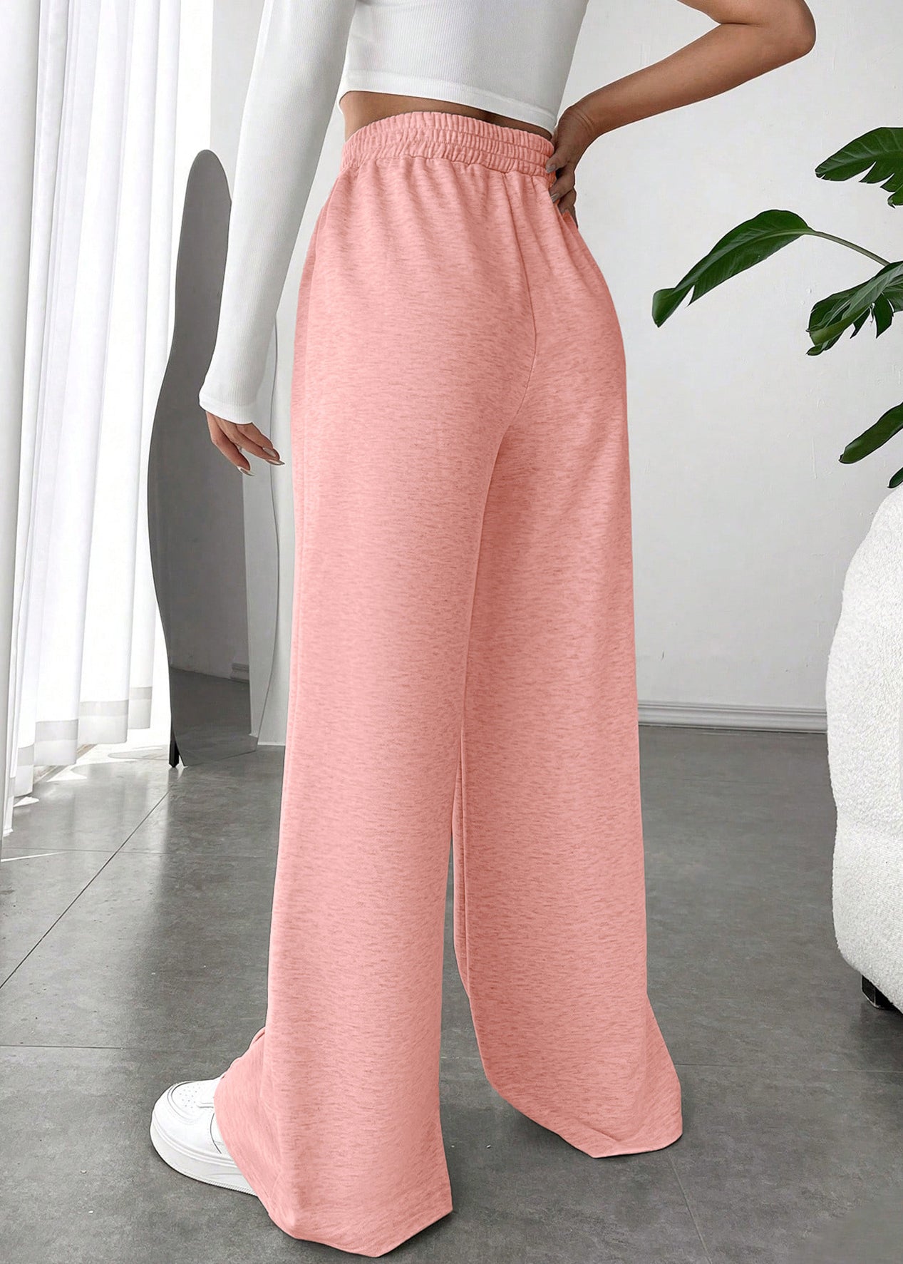 Pink Solid Oversized Casual Cotton Wide Leg Pants Elastic Waist