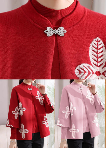Pink Stand Collar Knit Coats And Sweaters Two-Piece Set Three Quarter Sleeve