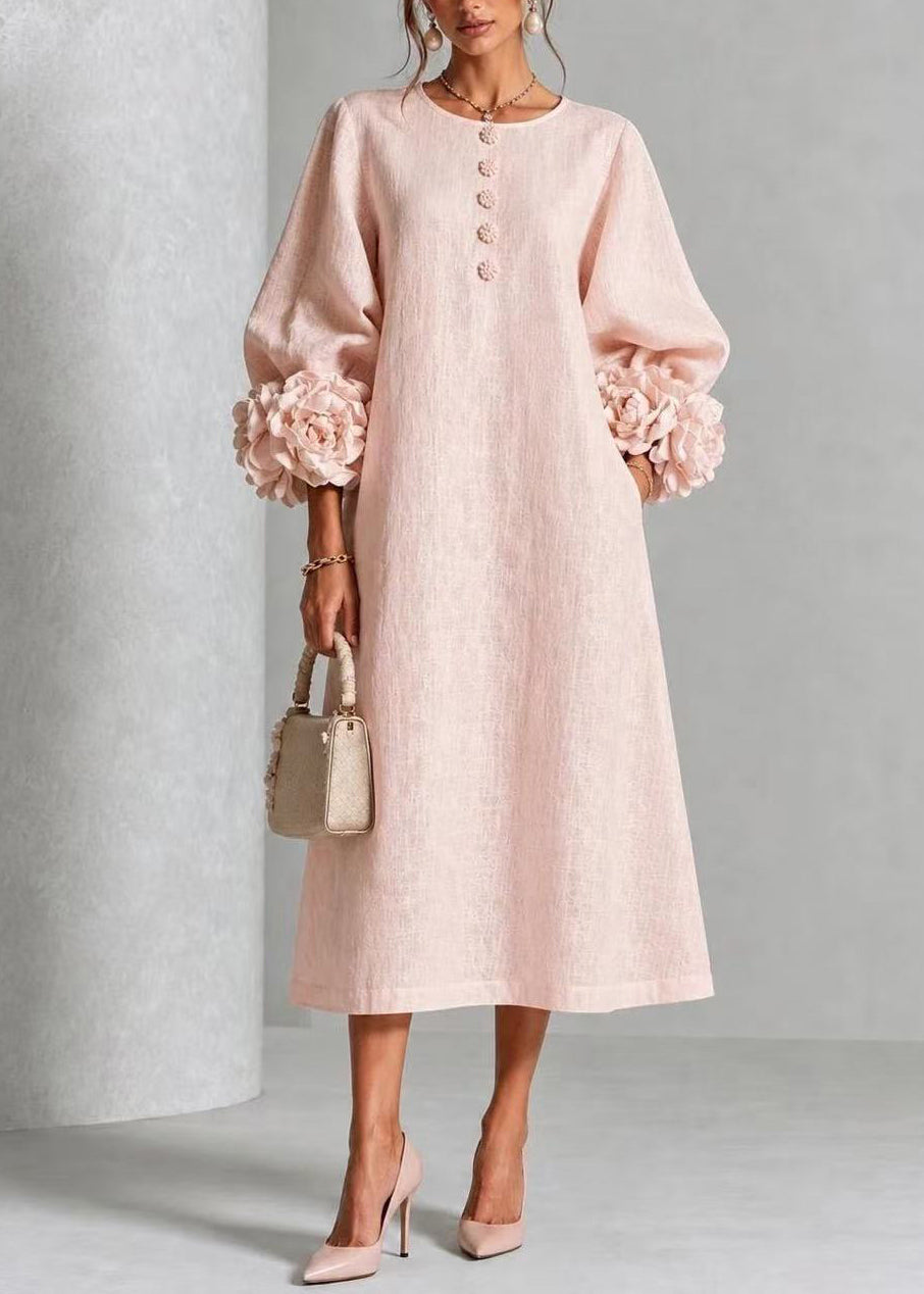 Pink Stereoscopic Floral Vacation Dresses O-Neck Fall