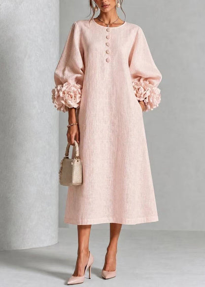Pink Stereoscopic Floral Vacation Dresses O-Neck Fall