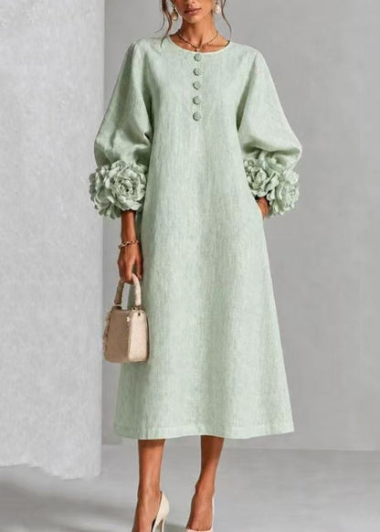 Pink Stereoscopic Floral Vacation Dresses O-Neck Fall