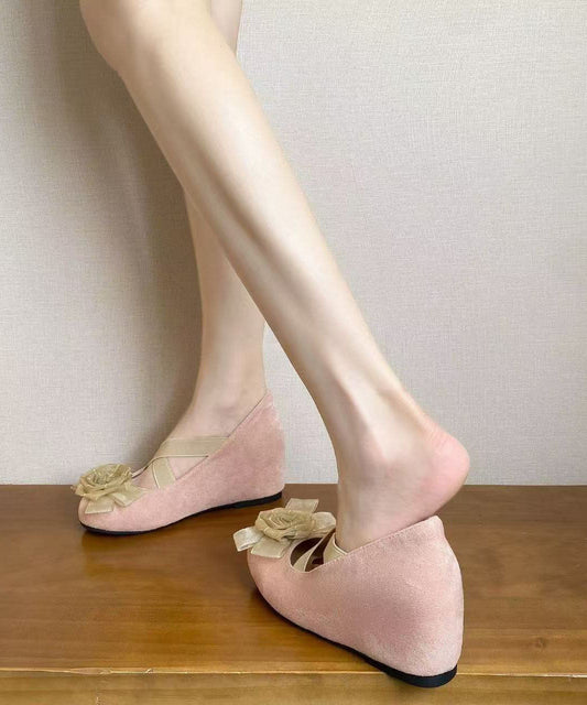 Pink Suede Cross Strap Floral Splicing High Wedge Heels Shoes