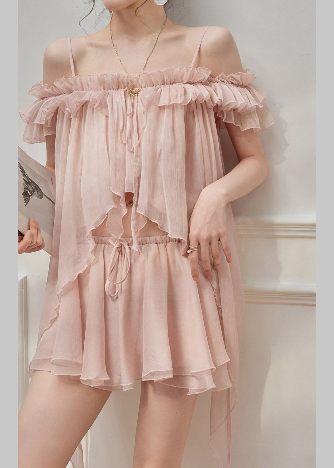 Pink Tie Lace Chiffon Top And Skirts Two Pieces Set Ruffled Summer