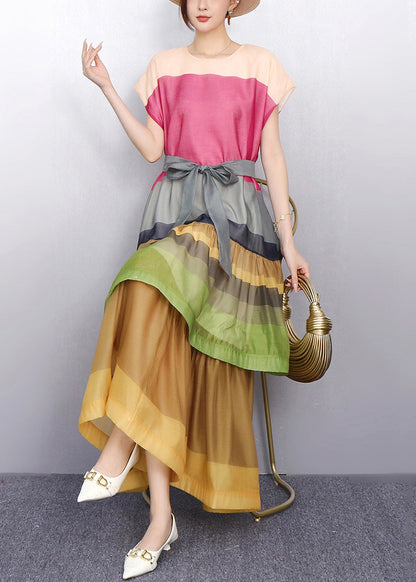 Pink Tie Waist Patchwork Bold Color Cotton Long Dresses O-Neck Summer