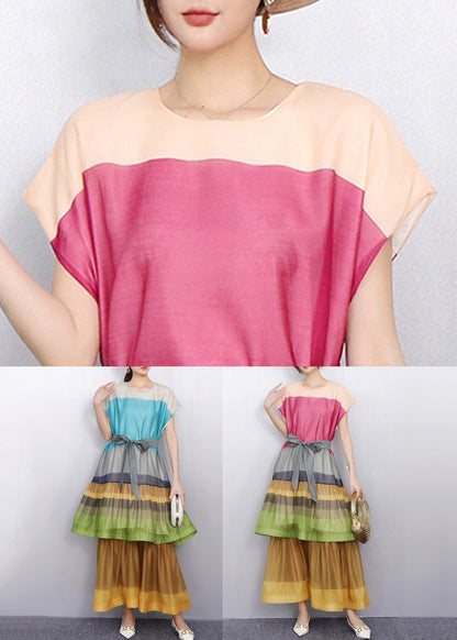 Pink Tie Waist Patchwork Bold Color Cotton Long Dresses O-Neck Summer