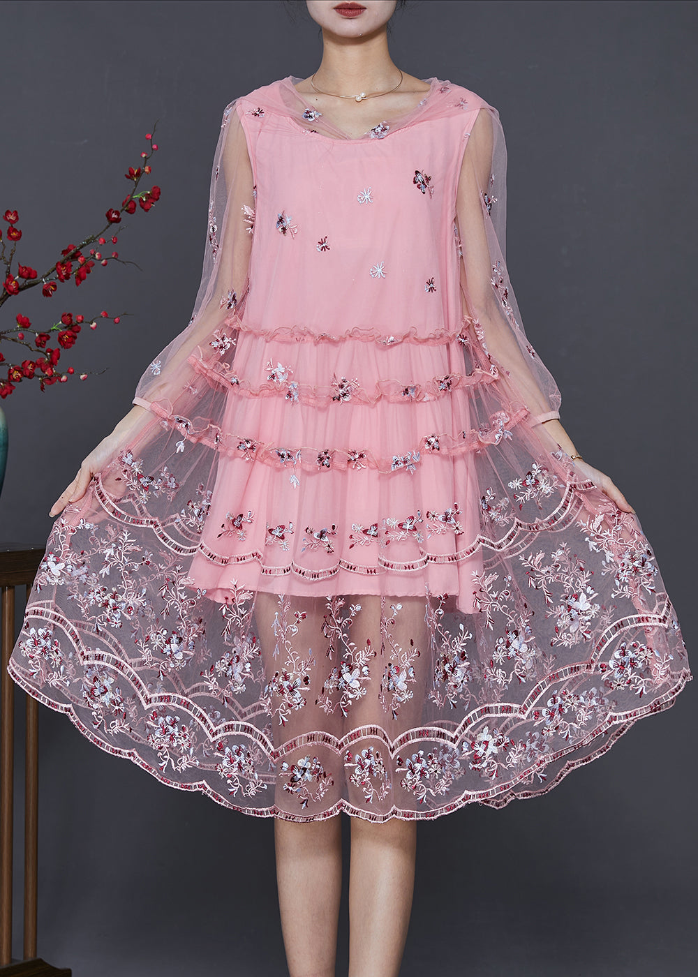 Pink Tulle Hooded Dress Embroidered Summer
