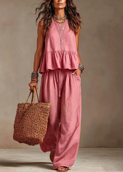 Pink Two Pieces Set O-Neck Pockets Drawstring Sleeveless