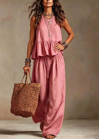Pink Two Pieces Set O-Neck Pockets Drawstring Sleeveless