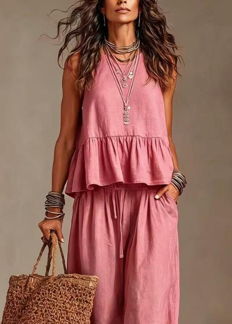 Pink Two Pieces Set O-Neck Pockets Drawstring Sleeveless