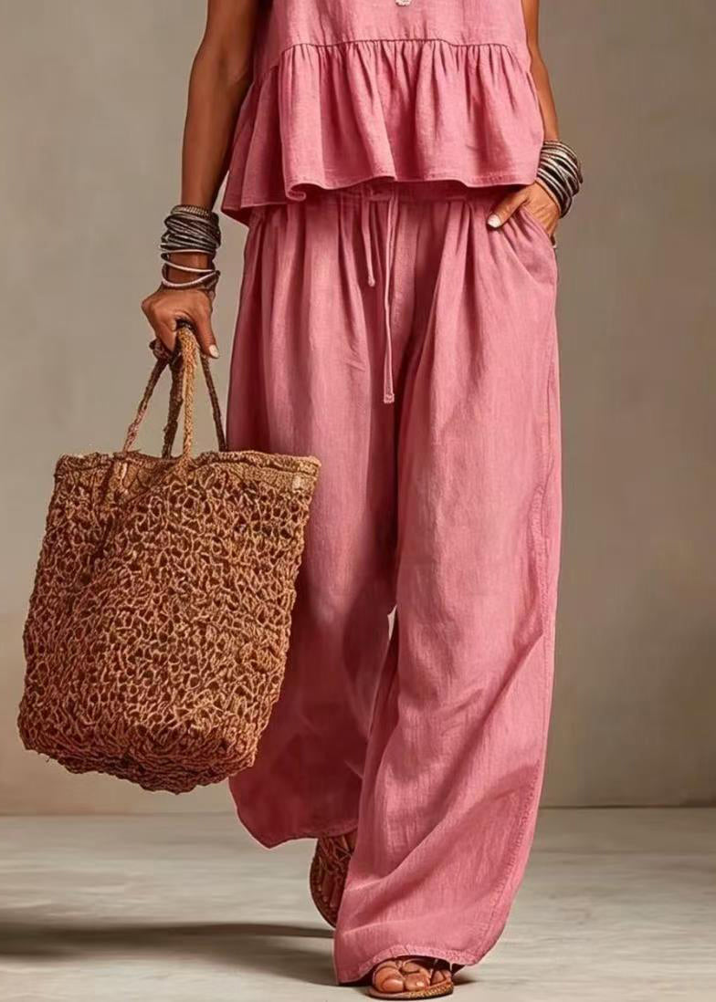Pink Two Pieces Set O-Neck Pockets Drawstring Sleeveless