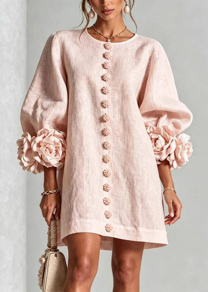 Pink Vacation Dress O-Neck Stereoscopic Floral Button Lantern Sleeve