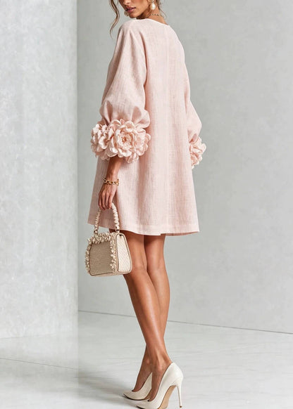 Pink Vacation Dress O-Neck Stereoscopic Floral Button Lantern Sleeve