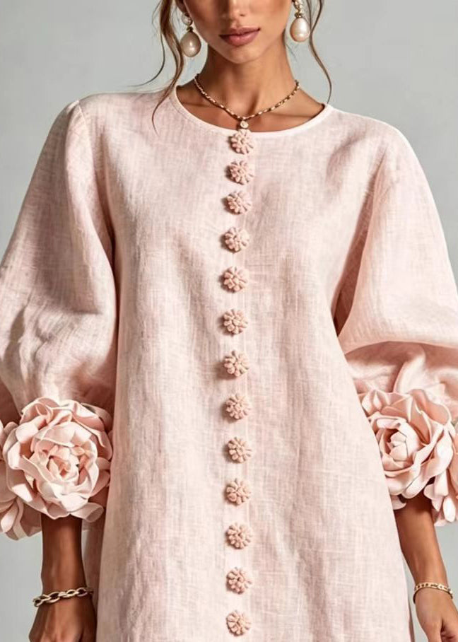 Pink Vacation Dress O-Neck Stereoscopic Floral Button Lantern Sleeve