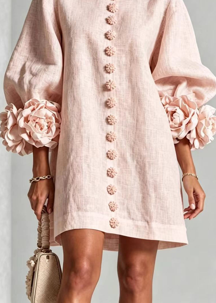 Pink Vacation Dress O-Neck Stereoscopic Floral Button Lantern Sleeve