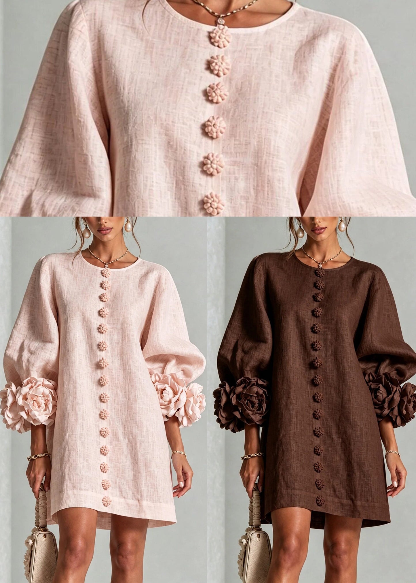 Pink Vacation Dress O-Neck Stereoscopic Floral Button Lantern Sleeve